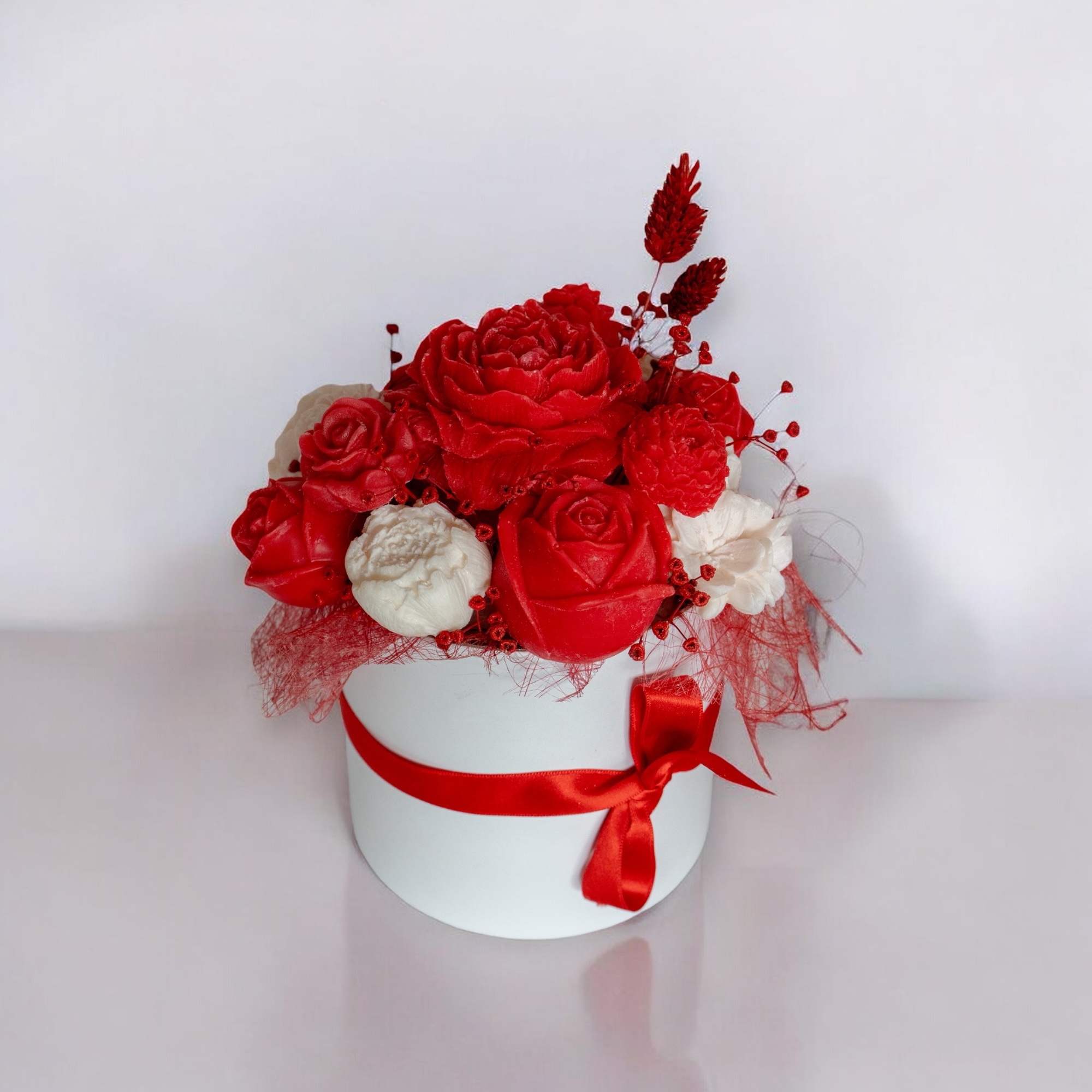 Petit bouquet fleur bougie rouge blanc