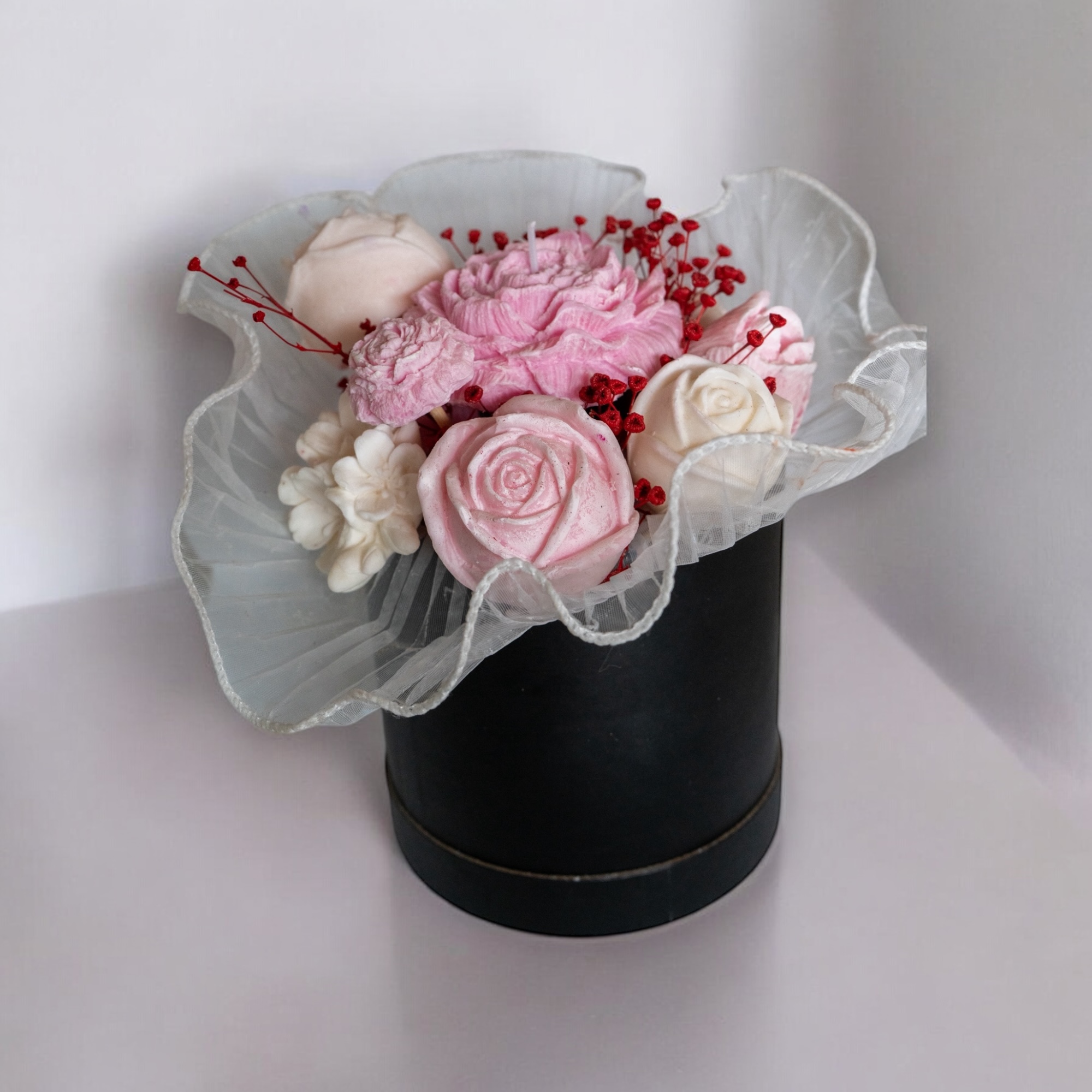 Bouquet fleur bougie rose avec voile