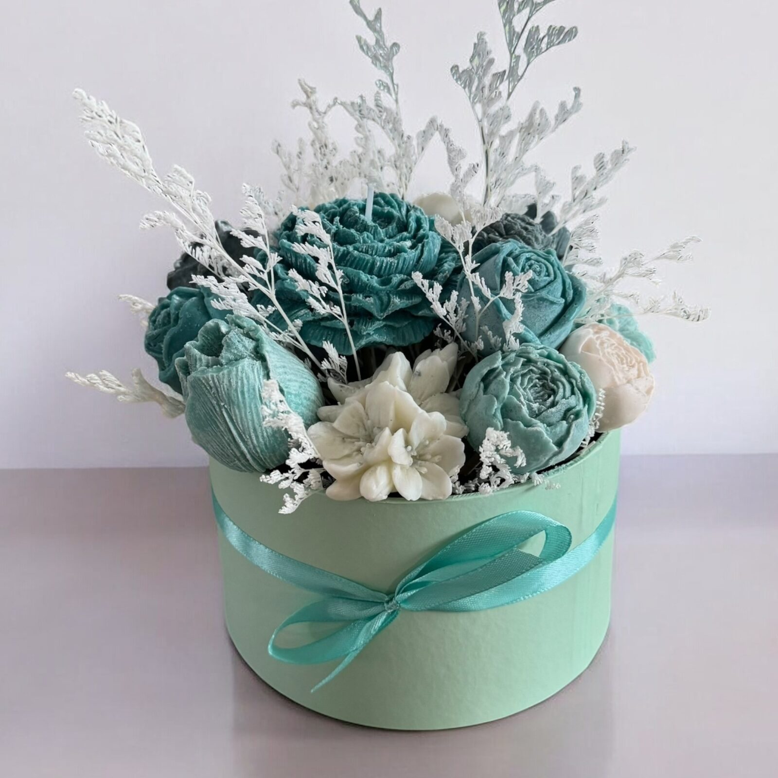 Bouquet bougie vert blanc