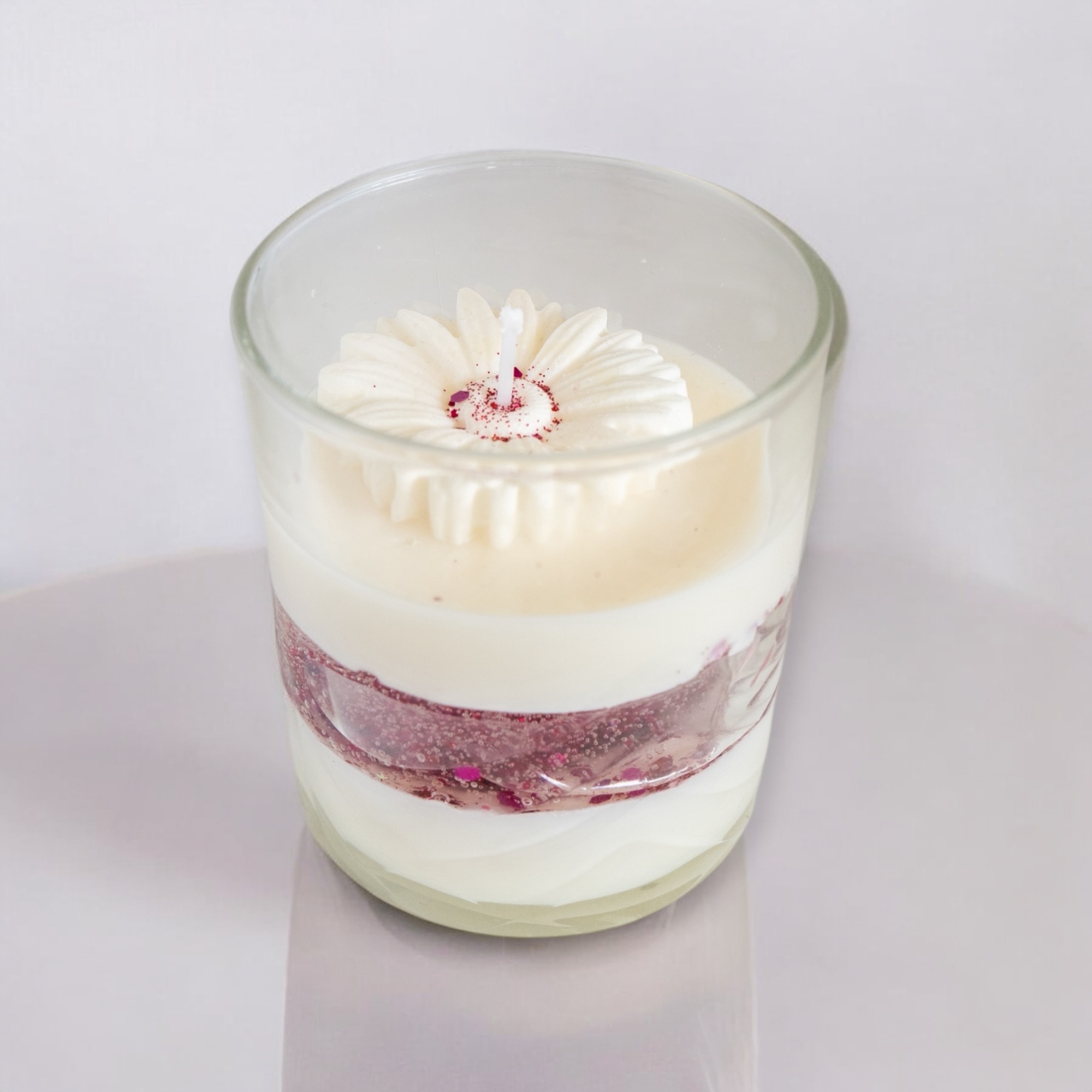 Verre bougie Paillette rose marguerite
