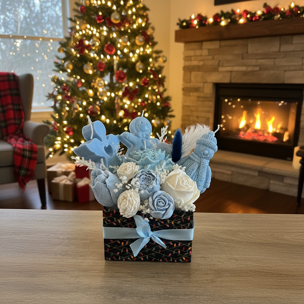 Bouquet fleurs bougie bleu blanc Noël